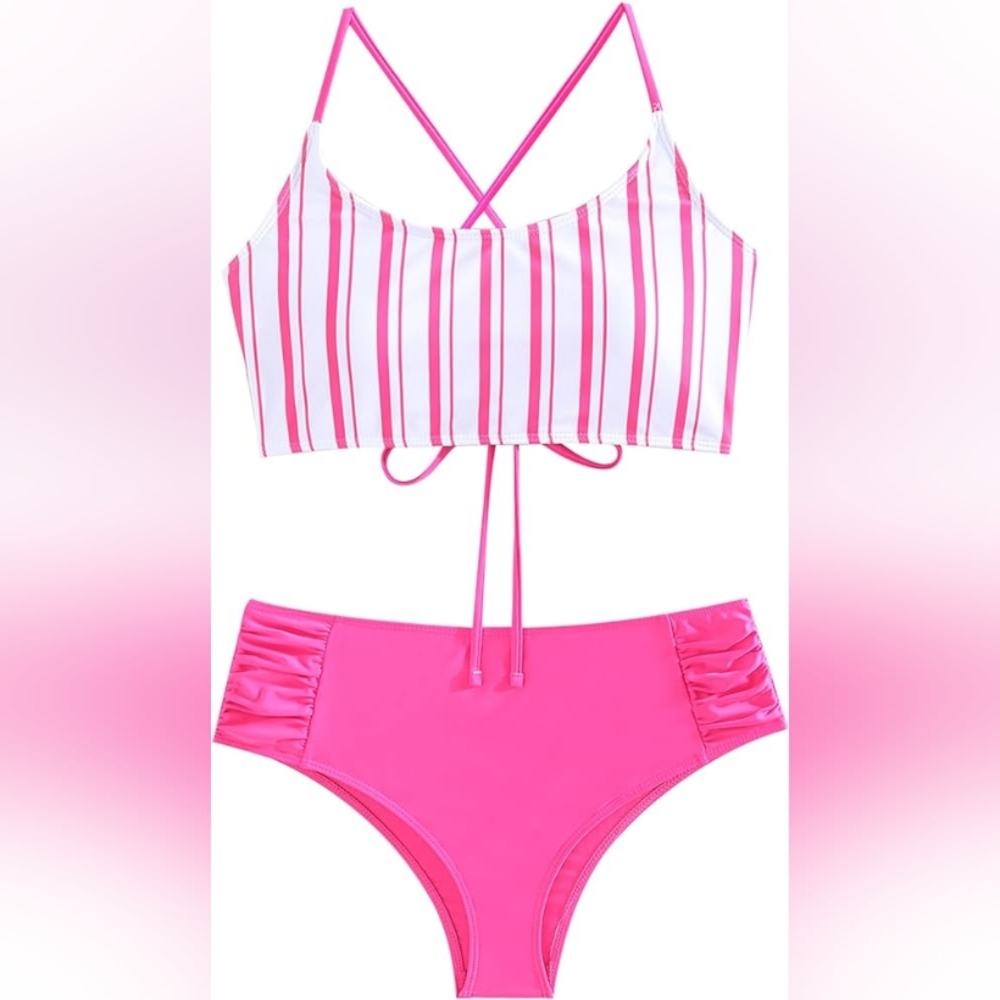Women's Bathing Suits Striped Criss Cross Bikini Set High Waisted Swimsuits